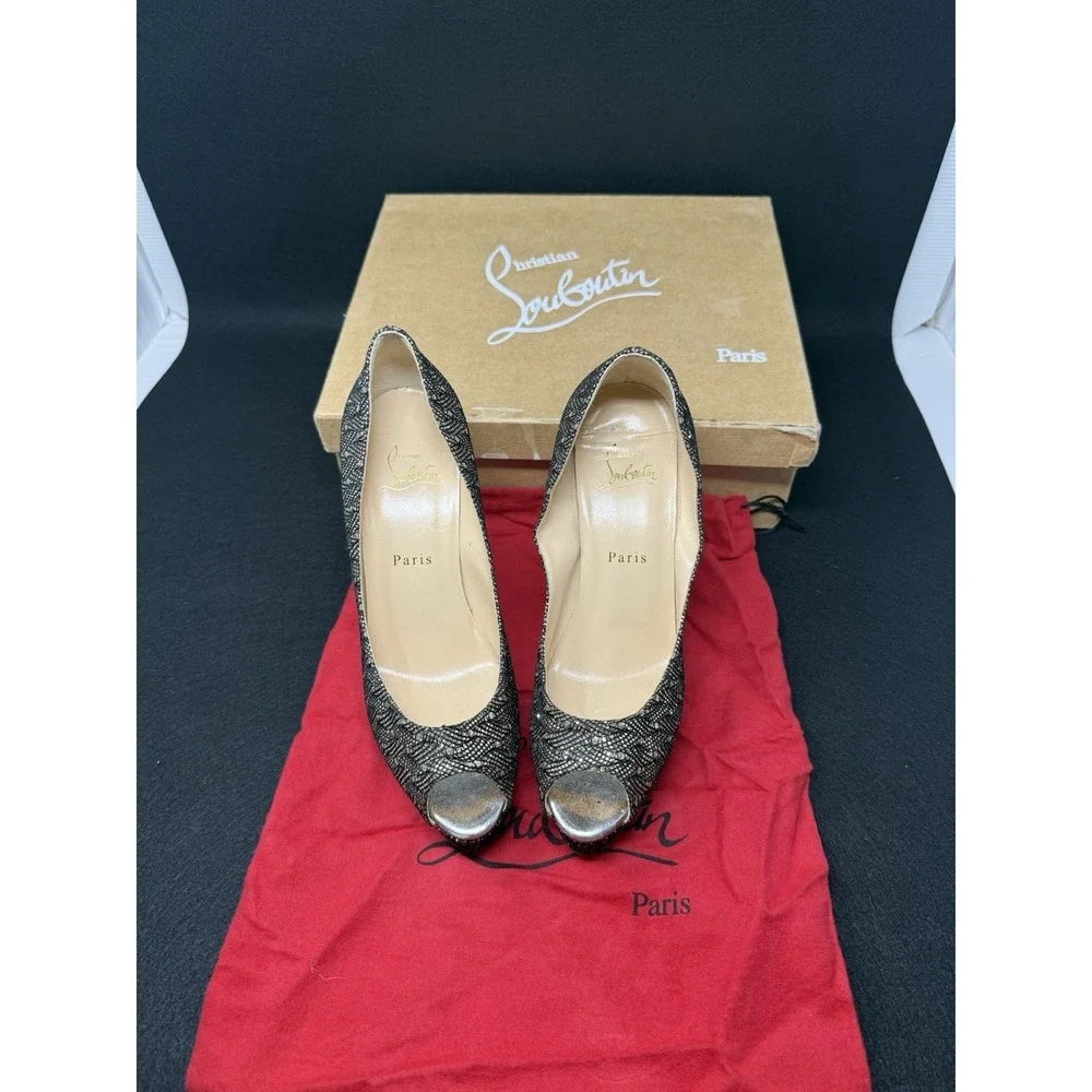 Christian Louboutin Black Lace Glitter Peep Toe Heels Red Bottom Pumps EU 39
